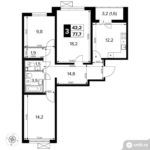3-комнатная квартира 77,6 кв.м - Южная Битца. Фото 1.