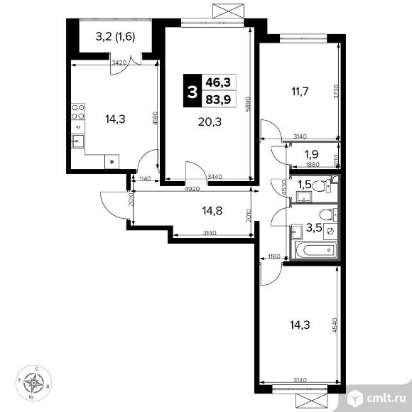 3-комнатная квартира 83,7 кв.м - Южная Битца. Фото 1.