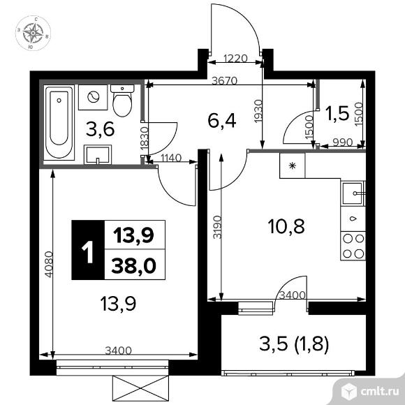 1-комнатная квартира 37,8 кв.м - Южная Битца. Фото 1.
