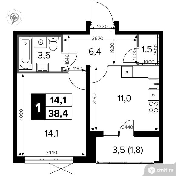 1-комнатная квартира 38,2 кв.м - Южная Битца. Фото 1.