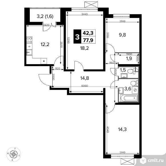 3-комнатная квартира 77,7 кв.м - Южная Битца. Фото 1.