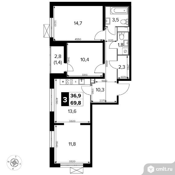 3-комнатная квартира 70 кв.м - Южная Битца. Фото 1.