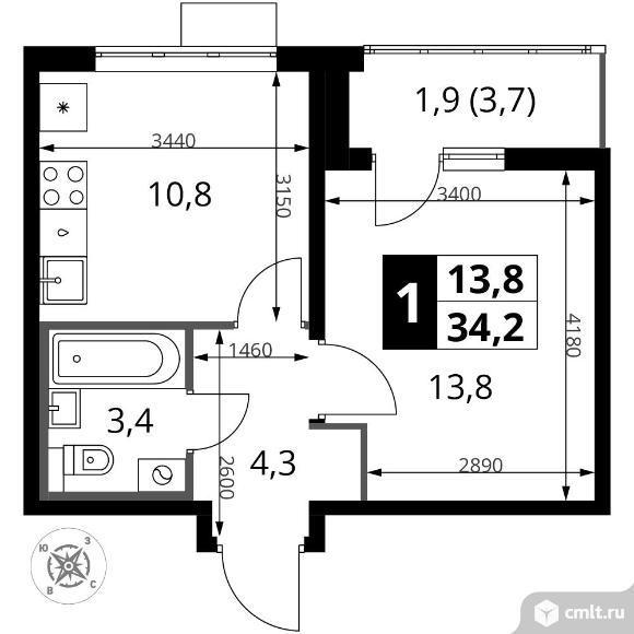 1-комнатная квартира 34,2 кв.м - Южная Битца. Фото 1.