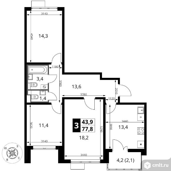 3-комнатная квартира 77,8 кв.м - Южная Битца. Фото 1.