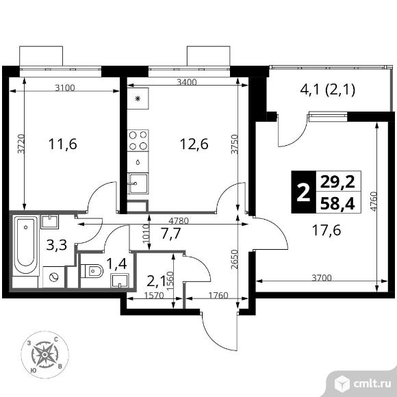 2-комнатная квартира 58,4 кв.м - Южная Битца. Фото 1.