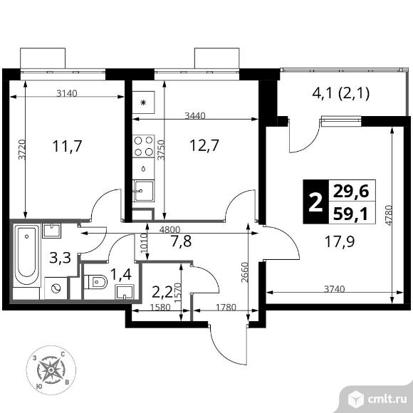 2-комнатная квартира 59,1 кв.м - Южная Битца. Фото 1.