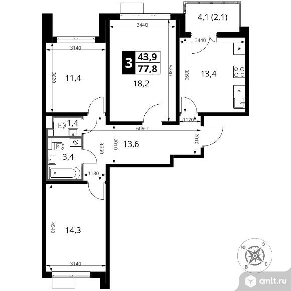 3-комнатная квартира 77,8 кв.м - Южная Битца. Фото 1.