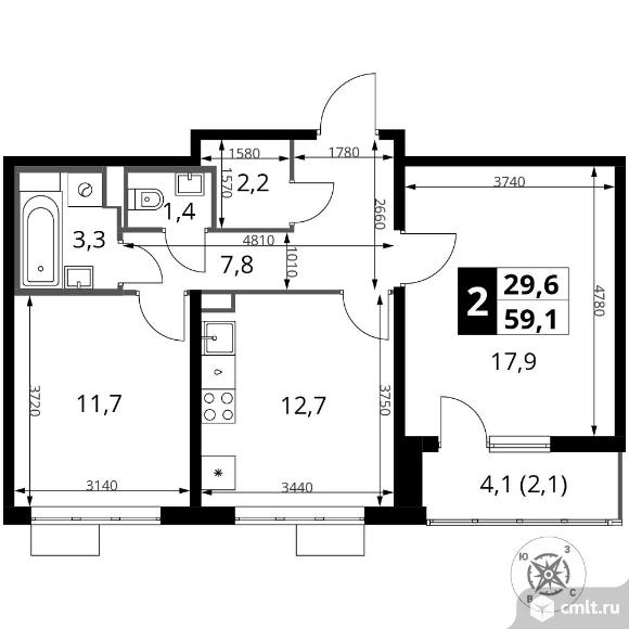 2-комнатная квартира 59,1 кв.м - Южная Битца. Фото 1.