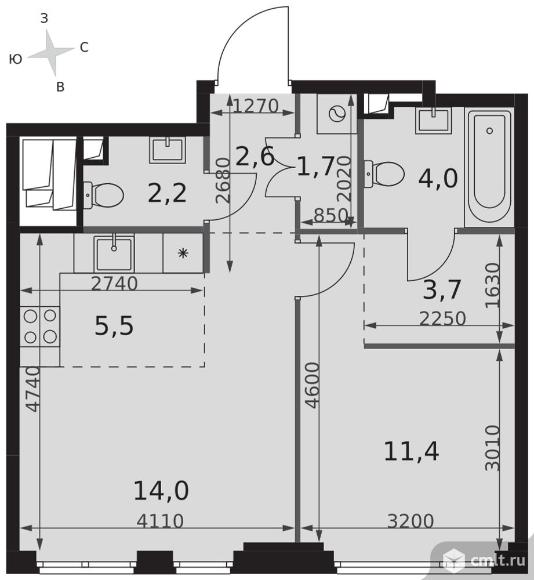2-комнатная квартира 45,1 кв.м - ЖК "Sydney City"