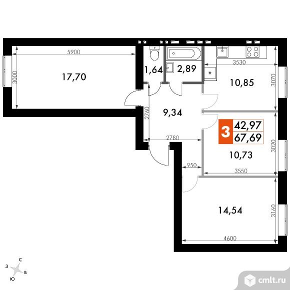 3-комнатная квартира 67,5 кв.м - ЖК «Парк Апрель». Фото 1.