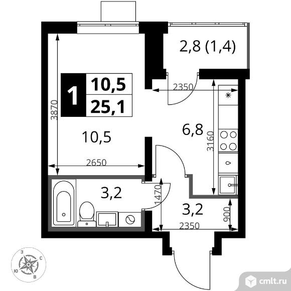 1-комнатная квартира 25,1 кв.м - ЖК "1-й Южный". Фото 1.