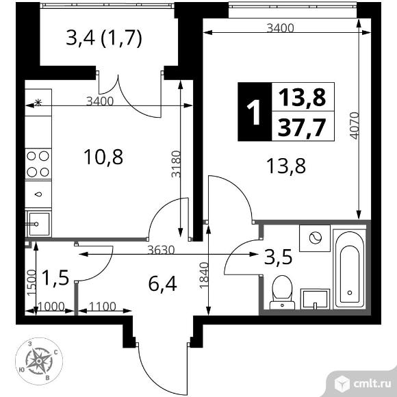 1-комнатная квартира 37,7 кв.м - ЖК "1-й Южный". Фото 1.