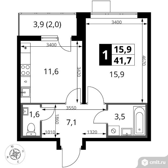 1-комнатная квартира 41,6 кв.м - ЖК "1-й Южный". Фото 1.