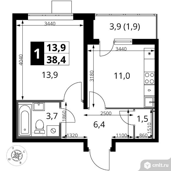 1-комнатная квартира 38,2 кв.м. Фото 1.