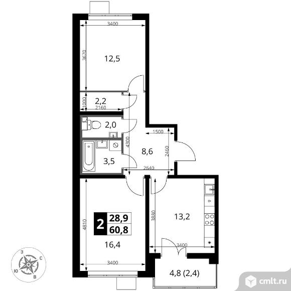 2-комнатная квартира 60,8 кв.м. Фото 1.
