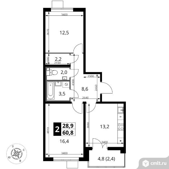2-комнатная квартира 60,8 кв.м - ЖК "1-й Южный". Фото 1.
