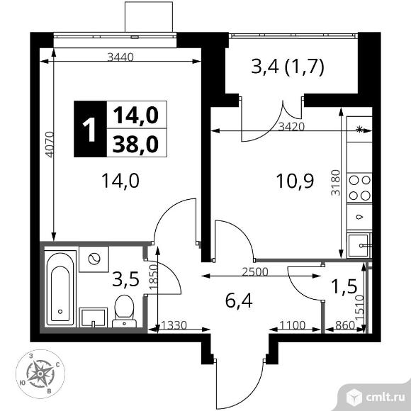 1-комнатная квартира 38 кв.м - ЖК "1-й Южный". Фото 1.