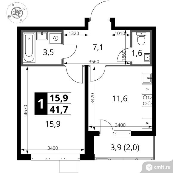 1-комнатная квартира 41,6 кв.м. Фото 1.