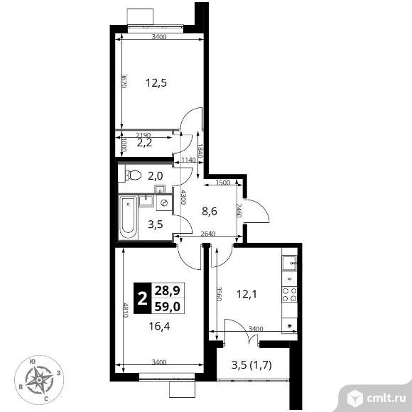 2-комнатная квартира 59 кв.м - ЖК "1-й Южный". Фото 1.