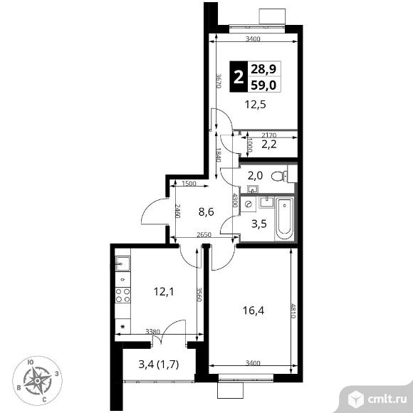 2-комнатная квартира 59 кв.м - ЖК "1-й Южный". Фото 1.
