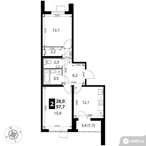 2-комнатная квартира 57,7 кв.м - ЖК "1-й Южный". Фото 1.