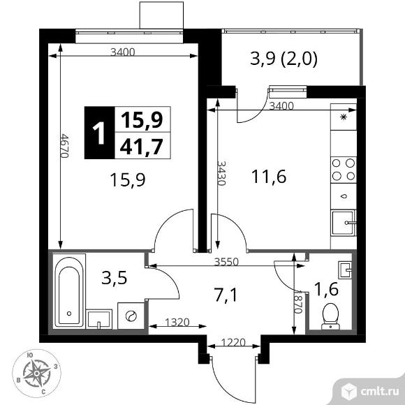 1-комнатная квартира 41,7 кв.м - ЖК "1-й Южный". Фото 1.