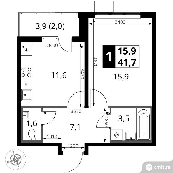 1-комнатная квартира 41,7 кв.м. Фото 1.