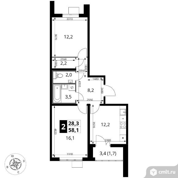 2-комнатная квартира 58,1 кв.м - ЖК "1-й Южный". Фото 1.