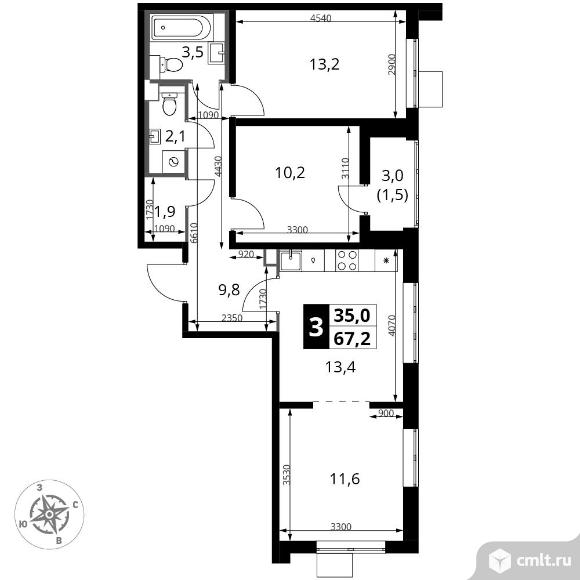 3-комнатная квартира 67,2 кв.м - ЖК "1-й Южный". Фото 1.