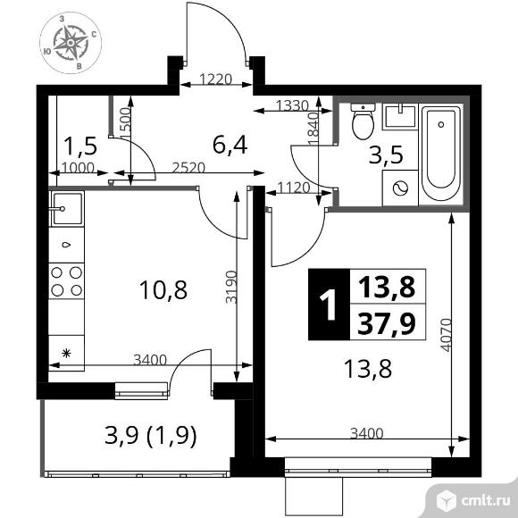 1-комнатная квартира 37,9 кв.м - ЖК "1-й Южный". Фото 1.