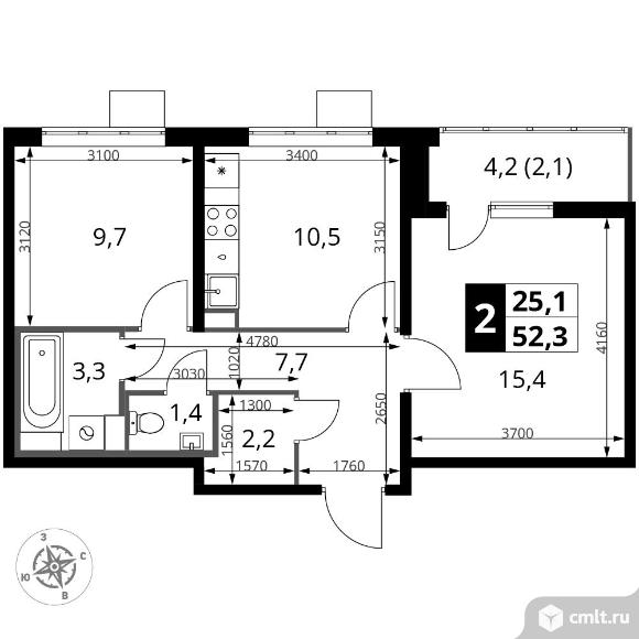 2-комнатная квартира 52,3 кв.м - ЖК "1-й Южный". Фото 1.