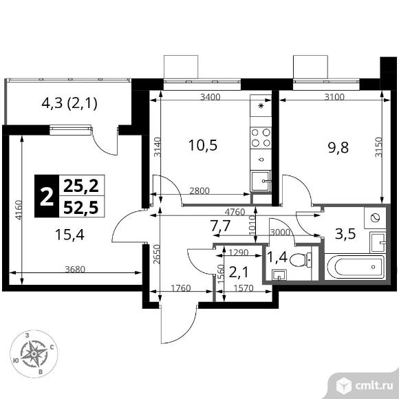 2-комнатная квартира 52,5 кв.м - ЖК "1-й Южный". Фото 1.
