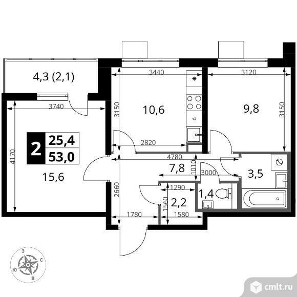 2-комнатная квартира 53 кв.м. Фото 1.