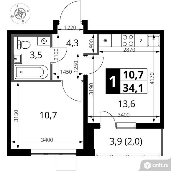 1-комнатная квартира 34,1 кв.м - ЖК "1-й Южный". Фото 1.