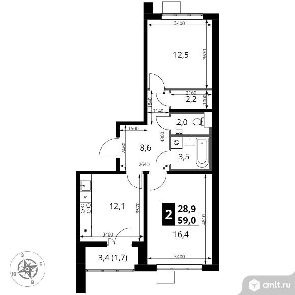 2-комнатная квартира 59 кв.м - ЖК "1-й Южный". Фото 1.