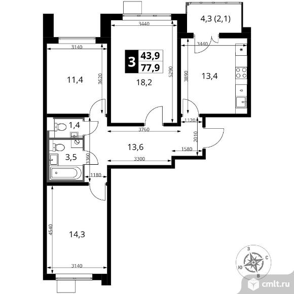3-комнатная квартира 77,9 кв.м. Фото 1.