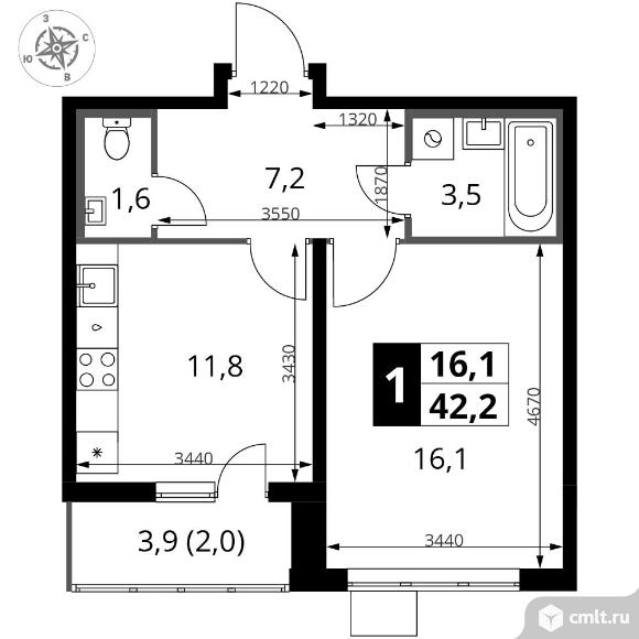 1-комнатная квартира 42,2 кв.м - ЖК "1-й Южный". Фото 1.