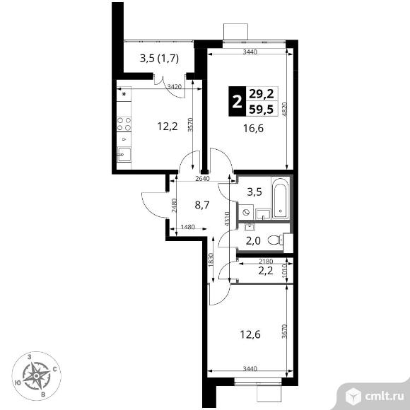 2-комнатная квартира 59,5 кв.м. Фото 1.