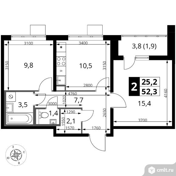 2-комнатная квартира 52,3 кв.м - ЖК "1-й Южный". Фото 1.