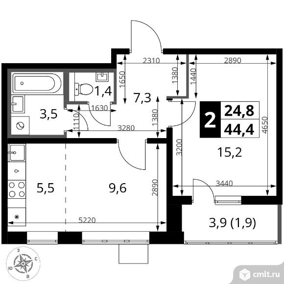 2-комнатная квартира 44,4 кв.м. Фото 1.