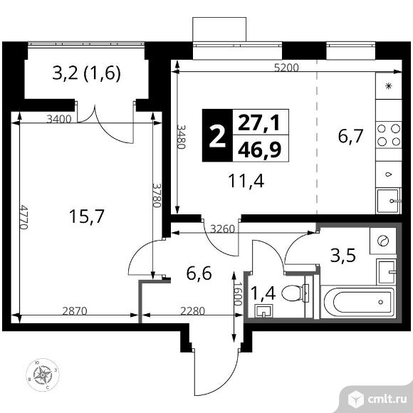 2-комнатная квартира 46,9 кв.м - ЖК "1-й Южный". Фото 1.