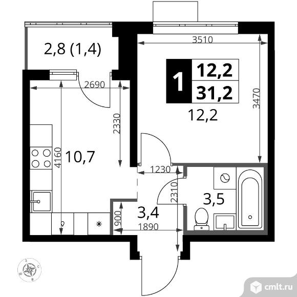 1-комнатная квартира 31,2 кв.м - ЖК "1-й Южный". Фото 1.