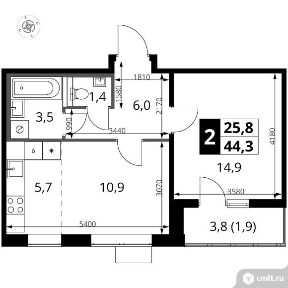 2-комнатная квартира 44,3 кв.м - ЖК "1-й Южный". Фото 1.