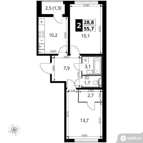 2-комнатная квартира 55,7 кв.м - ЖК "1-й Южный". Фото 1.