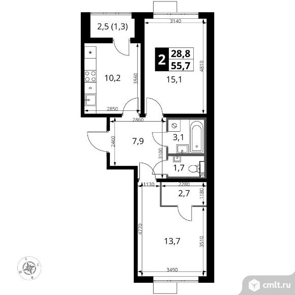 2-комнатная квартира 55,7 кв.м - ЖК "1-й Южный". Фото 1.