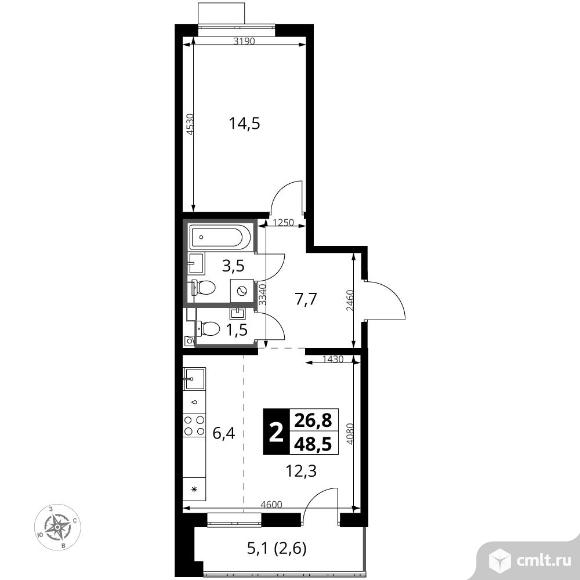 2-комнатная квартира 48,5 кв.м - ЖК "1-й Южный". Фото 1.