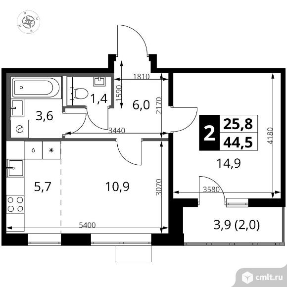 2-комнатная квартира 44,5 кв.м - ЖК "1-й Южный". Фото 1.