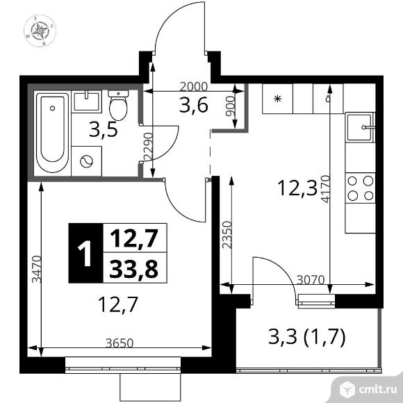 1-комнатная квартира 33,8 кв.м - ЖК "1-й Южный". Фото 1.