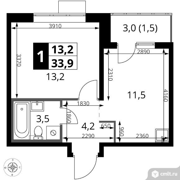 1-комнатная квартира 33,9 кв.м - ЖК "1-й Саларьевский". Фото 1.