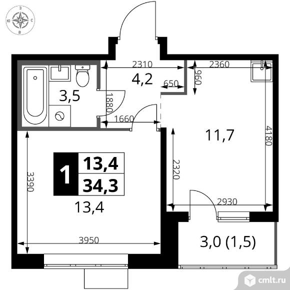 1-комнатная квартира 34,3 кв.м - ЖК "1-й Саларьевский". Фото 1.